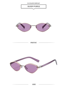Detail view of silver metal geometric sunglasses with purple lenses and anti-slip tips