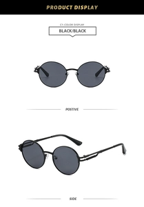 Vues de face et de profil de lunettes de soleil rondes noires rétro avec cadre métal