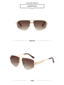 Detailed front and side view of gold metal aviator sunglasses with brown gradient lenses