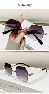 Detail einer randlosen Sechseck-Sonnenbrille mit grauem Verlaufsglas und Gold-Scharnieren