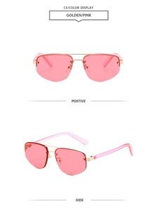 Detail of rimless polygon sunglasses in golden and pink with front and side views