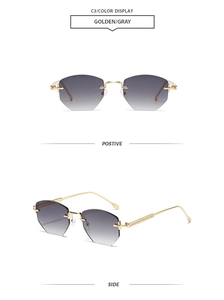 Detail of rimless geometric sunglasses with gray gradient lenses and gold metal temples