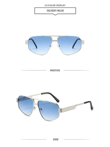 Detail view of aviator sunglasses with silver metal frames and blue gradient lenses