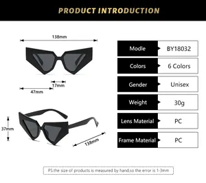 Detailed size specifications and dimensions chart for BY18032 triangle sunglasses