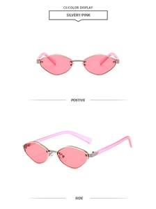 Front and side view of silvery and pink diamond-shaped retro metal frame sunglasses