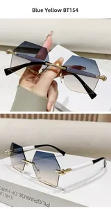 Detailansicht der randlosen Polygon-Sonnenbrille mit blau-gelbem Verlauf und Goldsteg