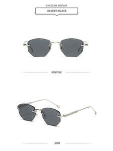 Front and side views of rimless geometric sunglasses with silver metal temples