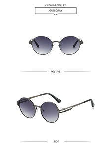 Détails de lunettes de soleil rondes punk vintage avec monture en métal gris foncé