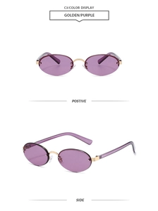 Detailed front and side views of rimless oval sunglasses with gold frame and purple lenses