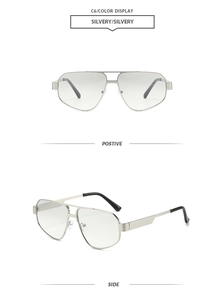 Detail view of silver metal double bridge sunglasses featuring industrial textured temples