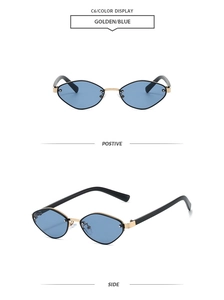 Detail of vintage geometric sunglasses with golden metal frame and blue lenses