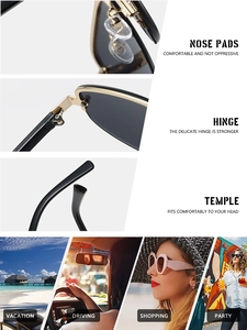 Detail view of comfortable nose pads and reinforced metal hinges on rimless sunglasses