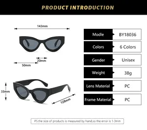 Detailed size chart for retro cat eye sunglasses showing frame dimensions and model info
