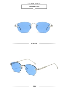 Close-up of frameless sunglasses C5 with blue polygonal lenses and silver metal frame