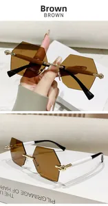 Details einer randlosen sechseckigen braunen Sonnenbrille mit Metallsteg-Akzenten