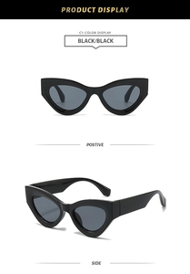 Front and side view of black cat eye sunglasses showing the sleek frame and dark lenses