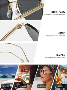 Detail view of adjustable nose pads, reinforced hinges and slim temples for rimless sunglasses