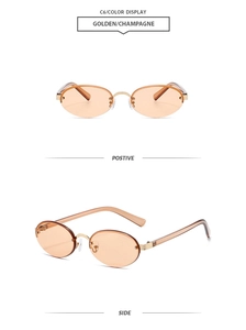 Detail view of oval frameless sunglasses with golden metal hinges and champagne lenses