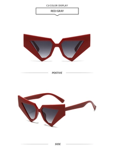 Detail view of red geometric triangle sunglasses with gradient grey lenses from dual angles