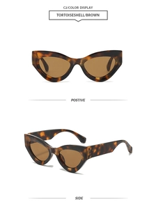 Front and side views of tortoiseshell cat-eye sunglasses with brown resin lenses