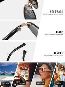 Detailed view of adjustable nose pads and durable metal hinges on rimless sunglasses