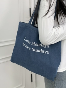 Large denim tote bag with Less Mondays More Sundays embroidery for students and commuters