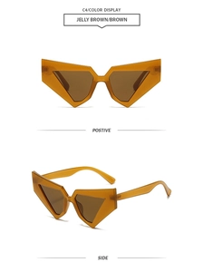 Front and side views of jelly brown oversized geometric cat-eye party sunglasses