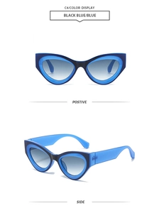 Detailed front and side views of fashionable black and blue cat eye sunglasses for women