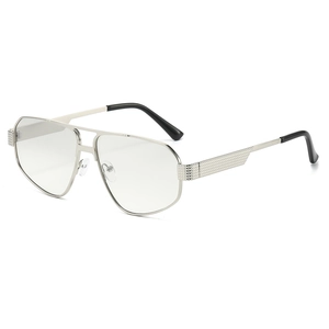 Silver metal double bridge aviator sunglasses with geometric frames and textured temples