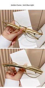 Detail of golden metal oval frame glasses featuring anti-blue light protective lenses