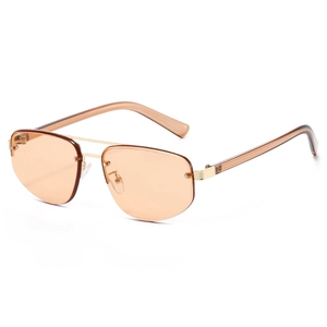 Frameless polygonal sunglasses with orange lenses and golden metal double bridge
