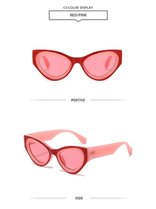 Detail view of red and pink cat eye sunglasses showing positive and side angles