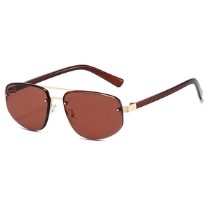 Frameless pilot sunglasses with brown lenses and golden double bridge metal frame
