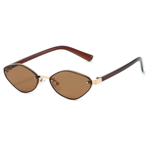 Vintage geometric rimless sunglasses with gold metal chain trim and brown lenses