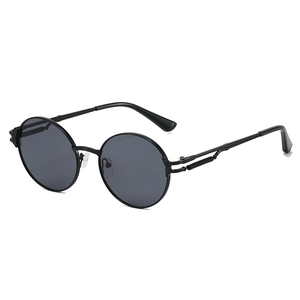 Lunettes de soleil rondes style punk rétro avec monture en métal noir et verres foncés