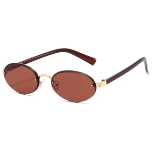 Vintage oval rimless sunglasses with brown lenses and golden metal bridge for casual style