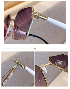 Macro details of square metal sunglasses with rhinestone frame and gradient purple lenses