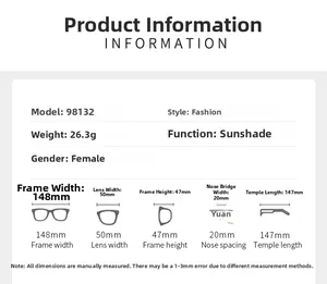 Detailed size chart for square sunglasses showing frame dimensions and weight specifications