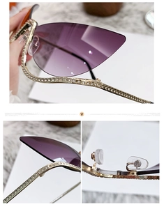 Détails de lunettes œil de chat avec verres dégradés violets et monture dorée ornée de strass