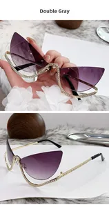 Détail de lunettes de soleil œil de chat gris avec strass et monture dorée élégante