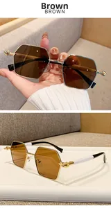 Detail of square gold metal sunglasses with brown lenses and black and white temples