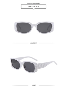 Vorder- und Seitenansicht der weißen quadratischen Sonnenbrille mit dicken Rahmen und Gläsern