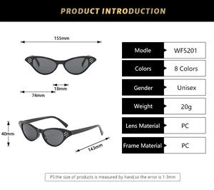 Technical dimensions and size chart for trendy cat-eye sunglasses with rhinestone details