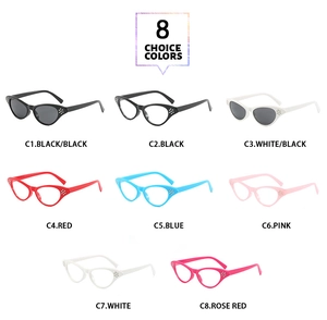 Cat eye sunglasses detail showing eight trendy color options for chic retro summer eyewear