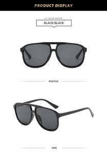 Detail view of irregular pilot sunglasses with double bridge design in glossy black finish