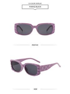 Detailansicht der lila Rechteck-Sonnenbrille mit strukturierter Rauten-Gitter-Optik