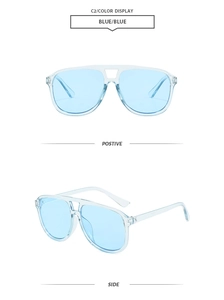Detail view of blue pilot sunglasses featuring double bridge design and translucent frames