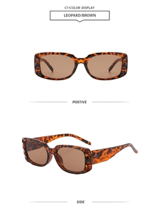 Detailansicht der rechteckigen Sonnenbrille mit Leopardenmuster und braunen Gläsern