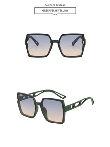 Détails des lunettes de soleil carrées vertes avec verres dégradés et branches ajourées