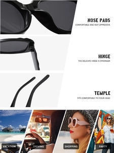 Detailansicht der quadratischen Sonnenbrille mit Nasenpads, Scharnier und Bügeln für Mode
